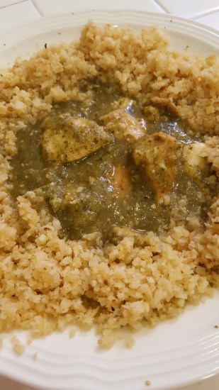 Chicken chili verde with cauliflower rice.